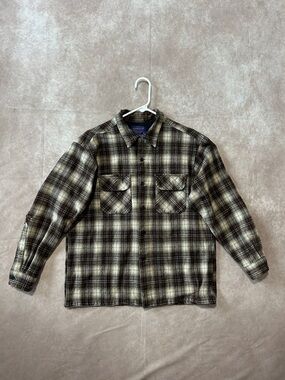 Pendleton Brown and Cream Plaid Button Down Shirt 100% Pure Virgin Wool L